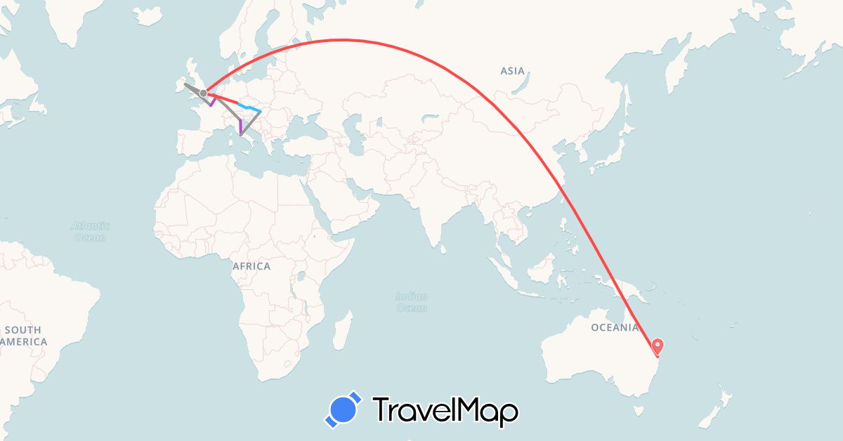 TravelMap itinerary: plane, train, hiking, boat in Austria, Australia, Belgium, Germany, France, United Kingdom, Hungary, Ireland, Italy (Europe, Oceania)